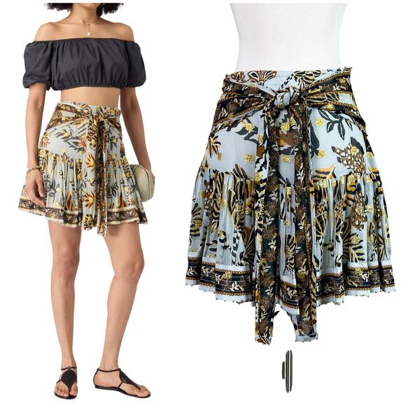 Farm Rio | Tapestry Blue Black Gold Tie Waist Ruffle Designer Mini Skirt XS - Picture 1 of 11